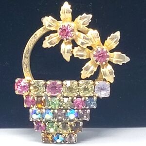 Vintage Multi-Colored Rhinestone Flower & Basket Brooch Pin